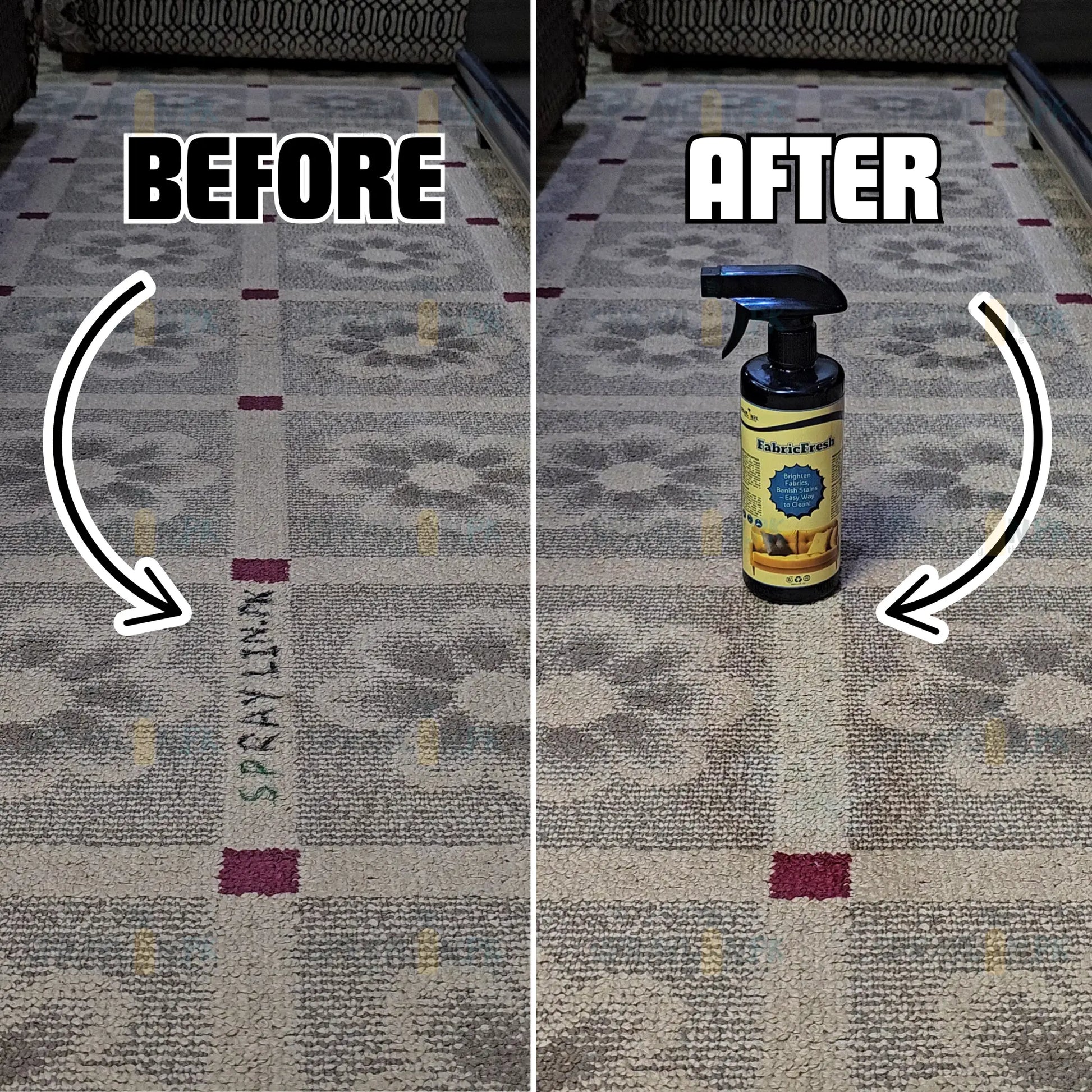 Before and after results of FabricFresh eco-friendly carpet stain remover. Stubborn stains removed effectively without damaging fabric.