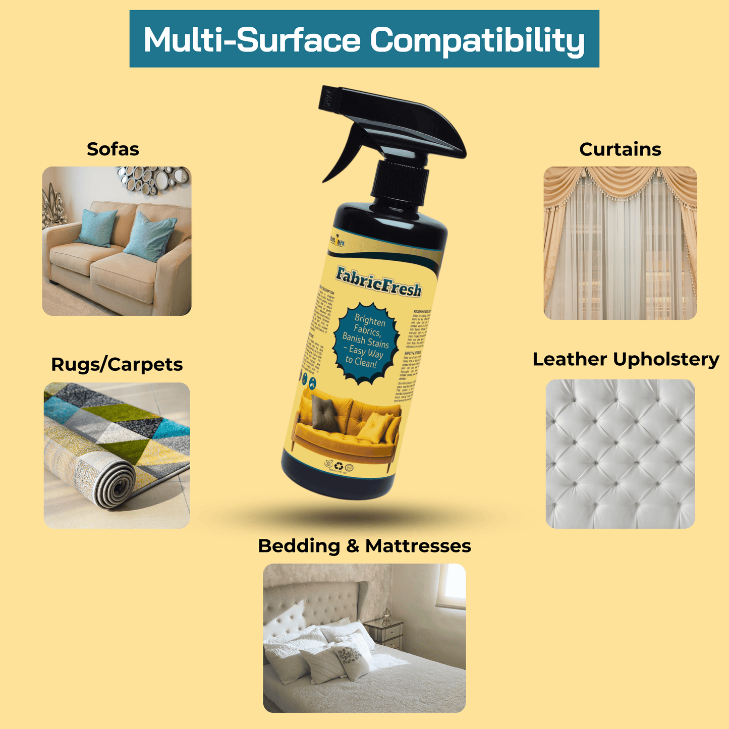 FabricFresh eco-friendly stain remover used on various fabric surfaces including sofas, carpets, curtains, beddings, and rugs for effective stain removal.