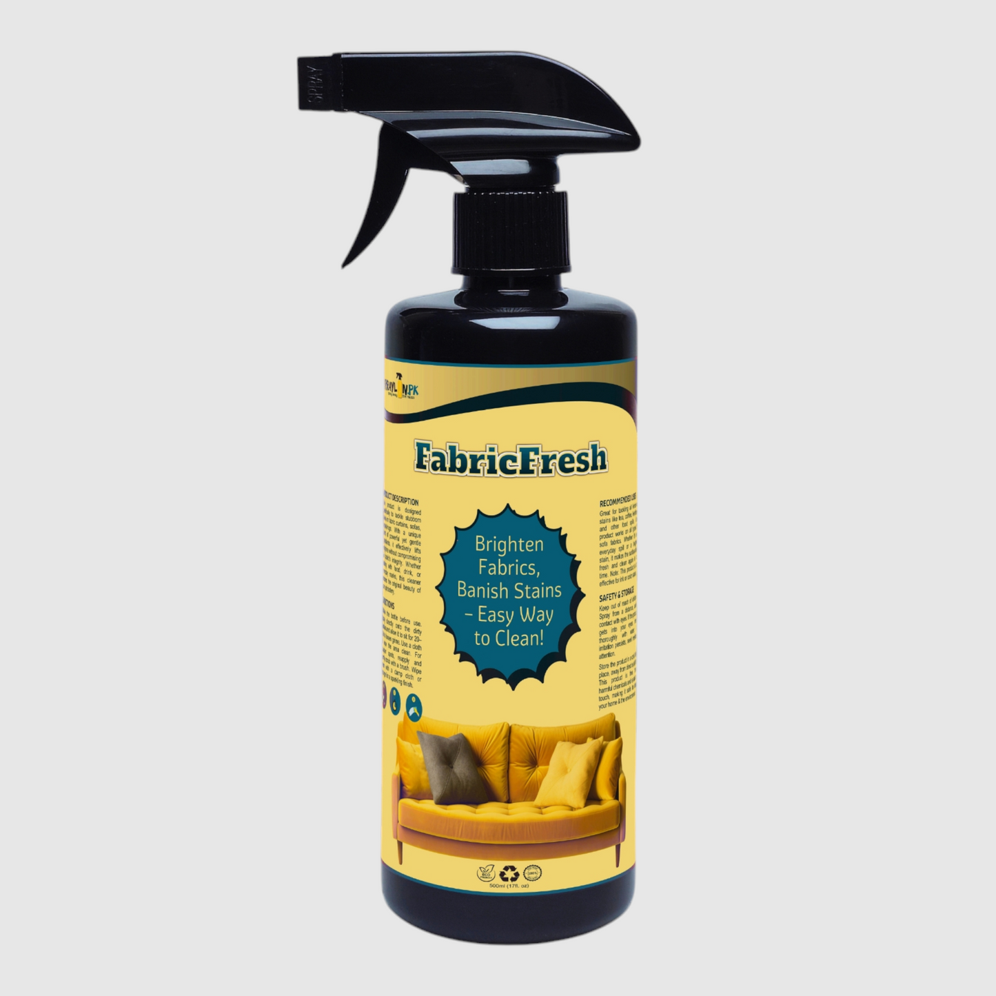 FabricFresh eco-friendly stain remover for sofas, carpets, curtains, and rugs. Non-toxic formula for safe and effective cleaning of stubborn stains on all fabric surfaces