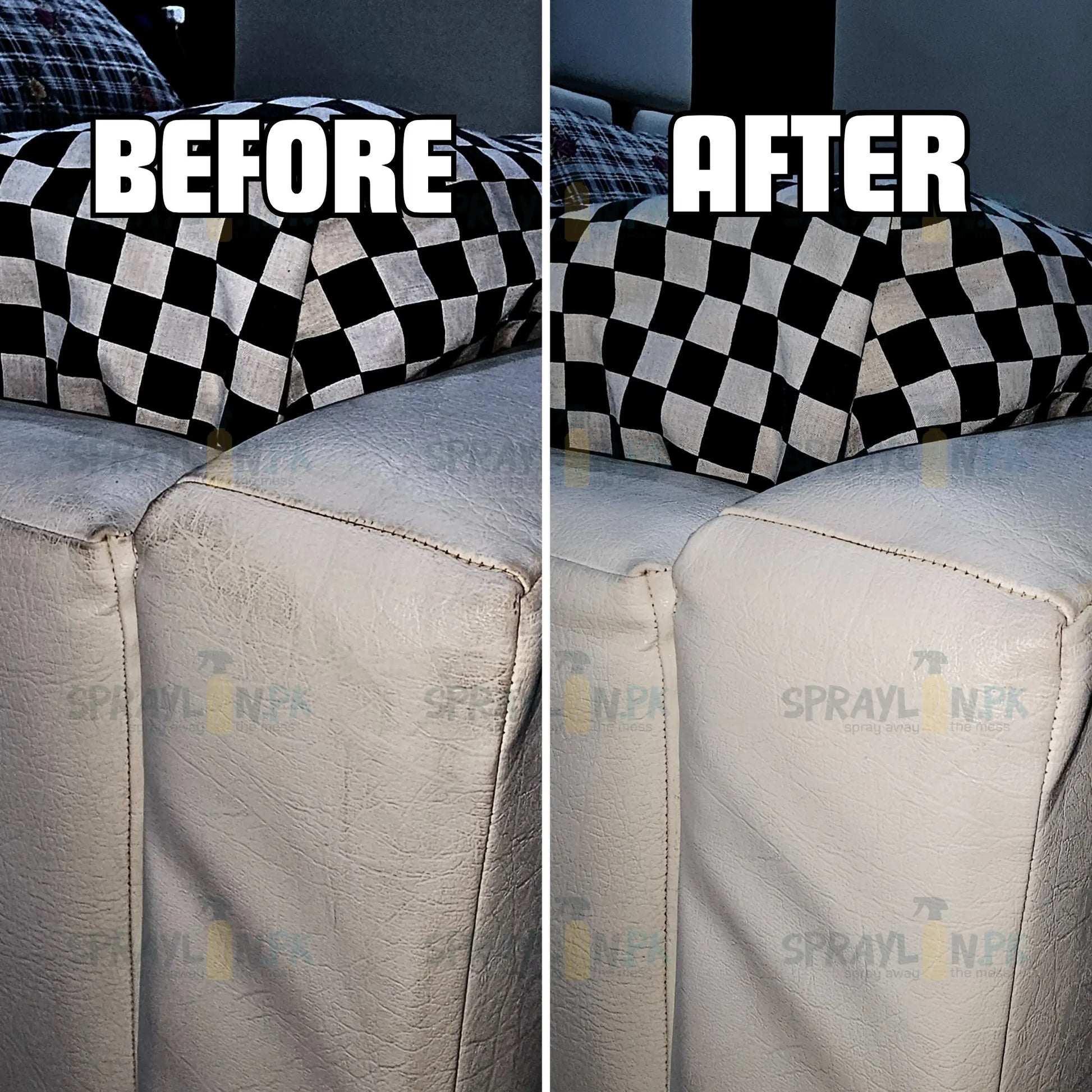 Before and after results of FabricFresh eco-friendly fabric stain remover. Stubborn stains removed effectively without damaging fabric.