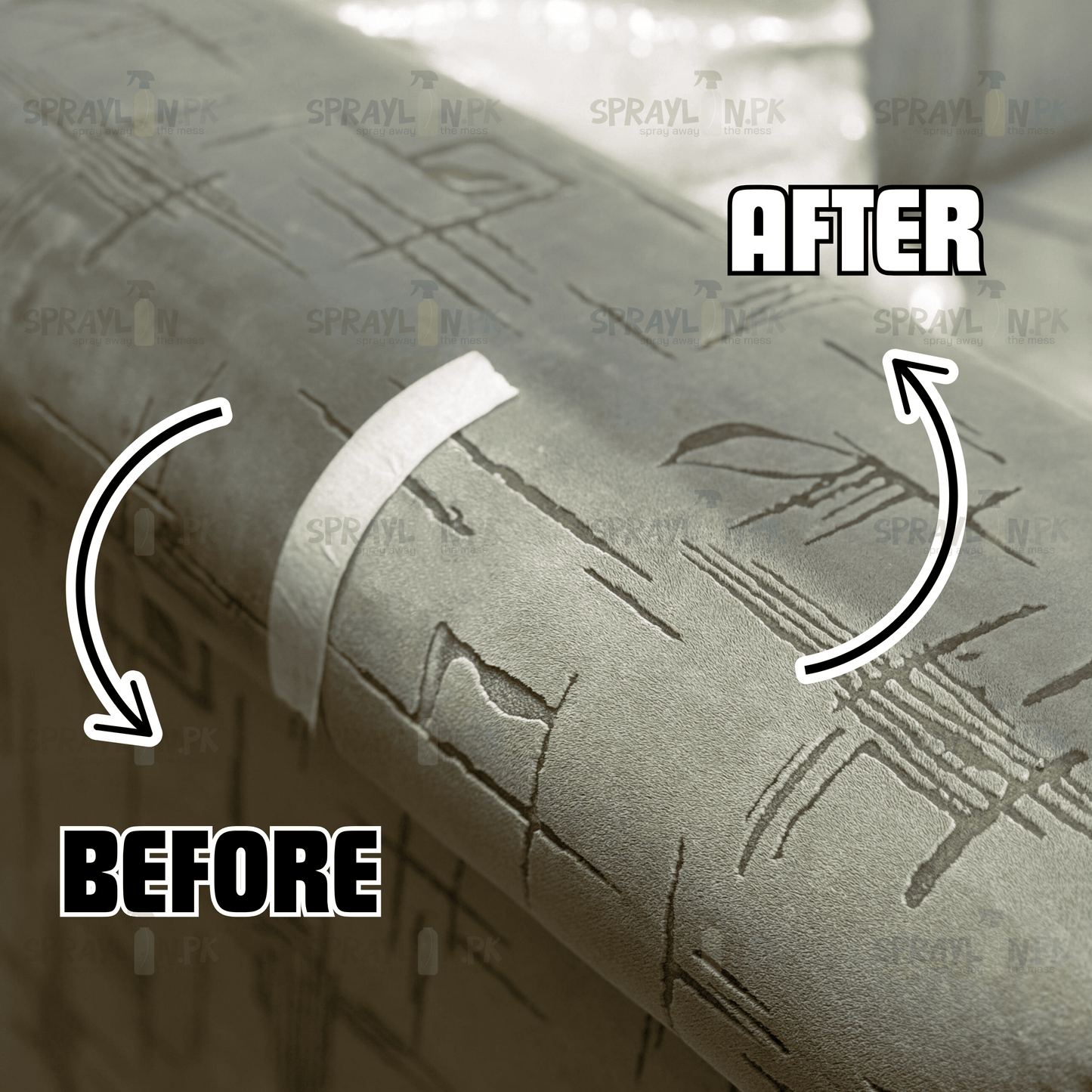 Before and after results of FabricFresh eco-friendly sofa stain remover. Stubborn stains removed effectively without damaging fabric.