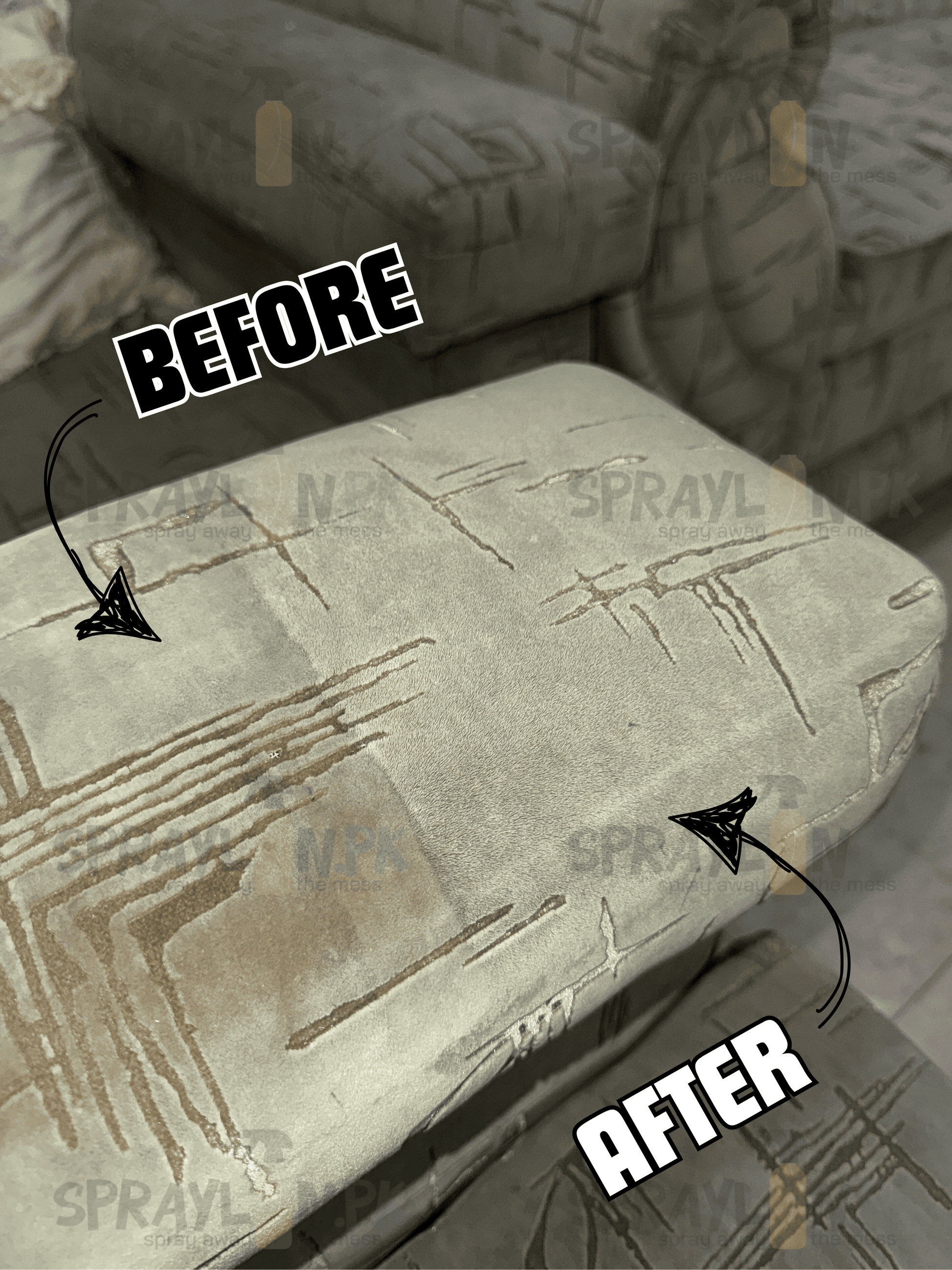 Before and after results of FabricFresh eco-friendly sofa stain remover. Stubborn stains removed effectively without damaging fabric.