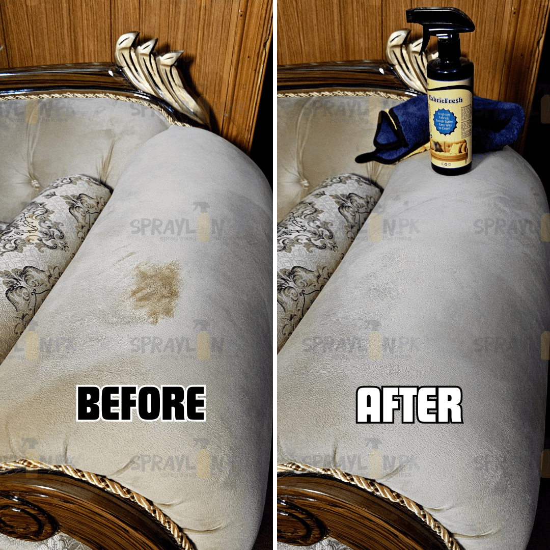Before and after results of FabricFresh eco-friendly sofa stain remover. Stubborn stains removed effectively without damaging fabric.