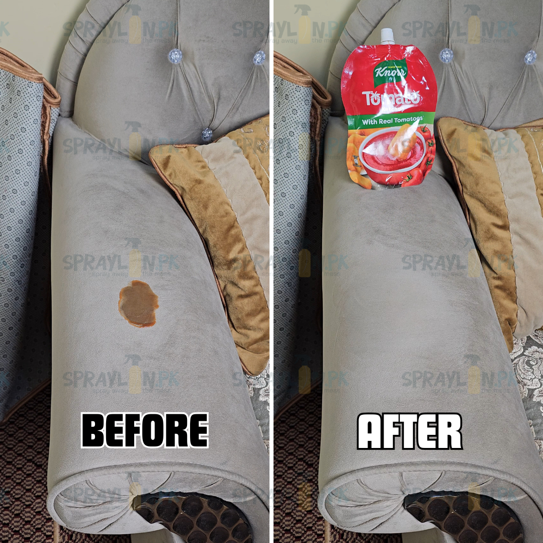 Before and after results of FabricFresh eco-friendly sofa stain remover. Stubborn stains removed effectively without damaging fabric.