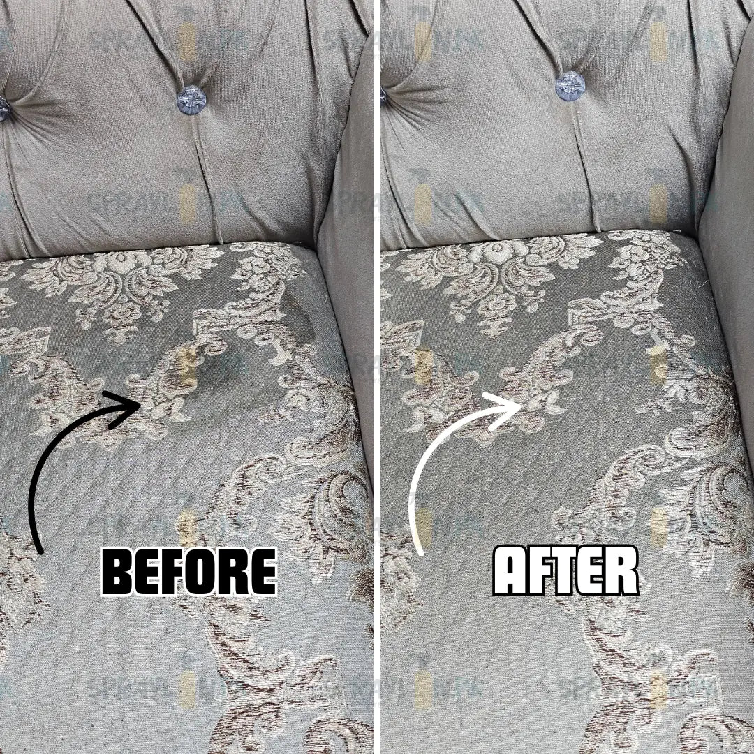 Before and after results of FabricFresh eco-friendly fabric stain remover. Stubborn stains removed from sofa effectively without damaging fabric.
