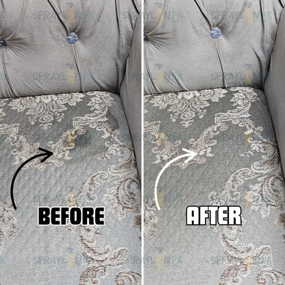 Before and after results of FabricFresh eco-friendly fabric stain remover. Stubborn stains removed from sofa effectively without damaging fabric.