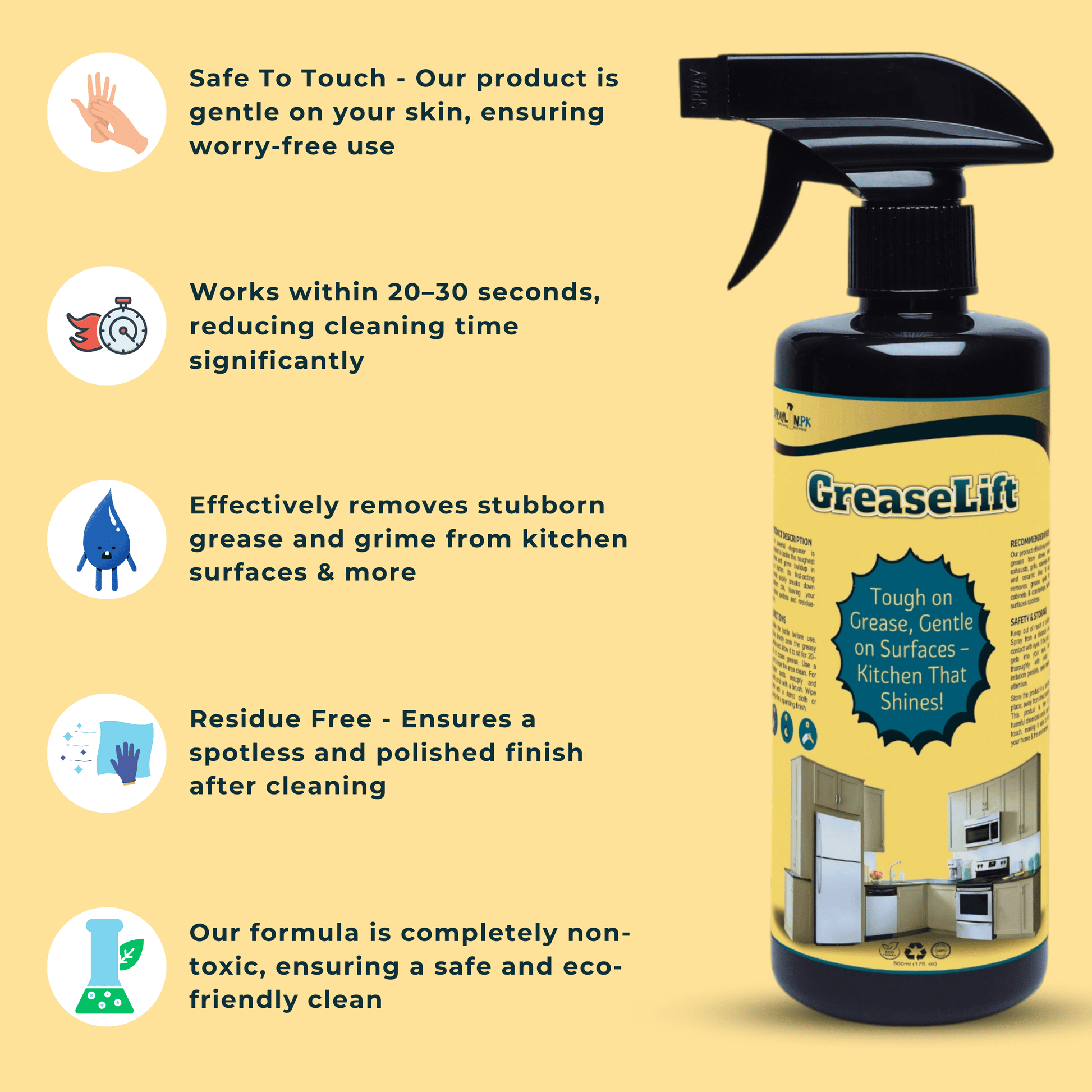 Key features of GreaseLift eco-friendly kitchen degreaser: fast-acting, odorless, and safe for use on kitchen surfaces, grills, and tools.