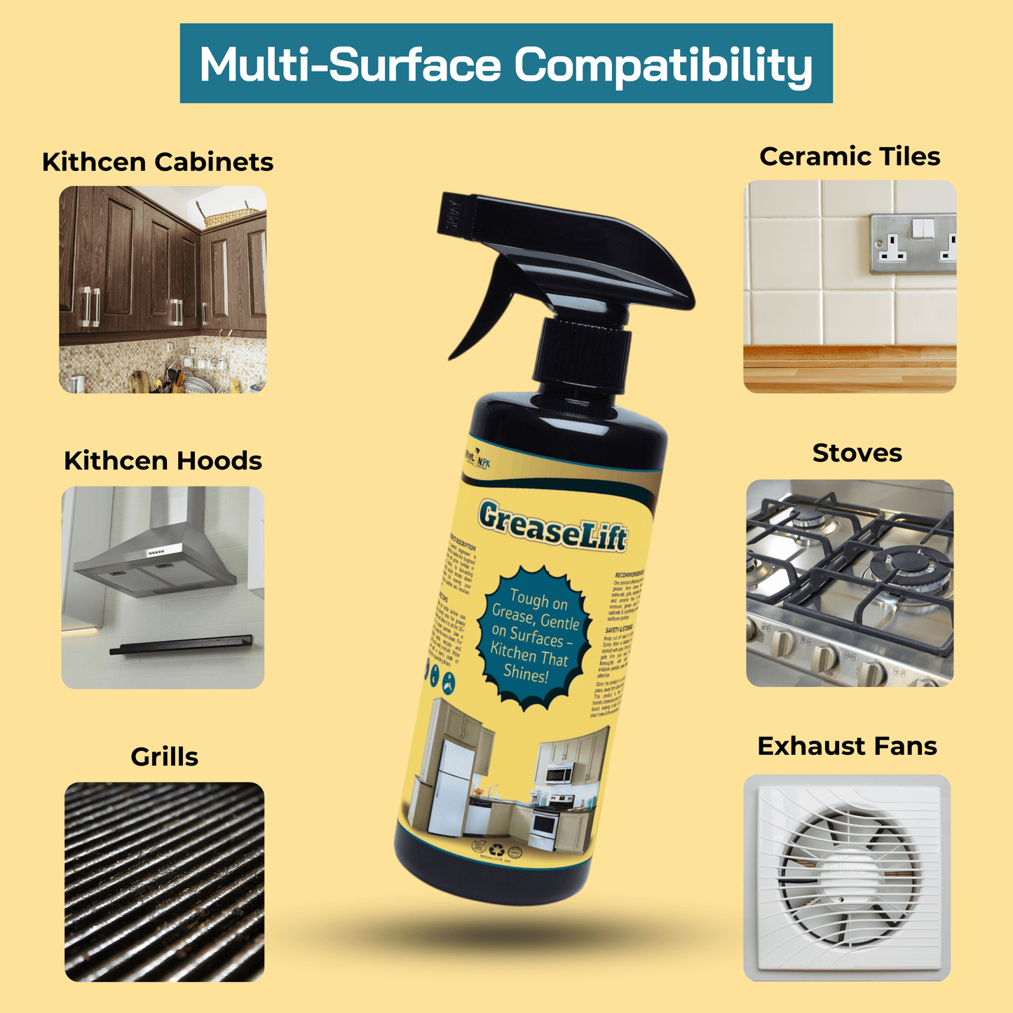 GreaseLift eco-friendly kitchen degreaser used on a variety of surfaces including stoves, grills, and tools for effective grease removal.