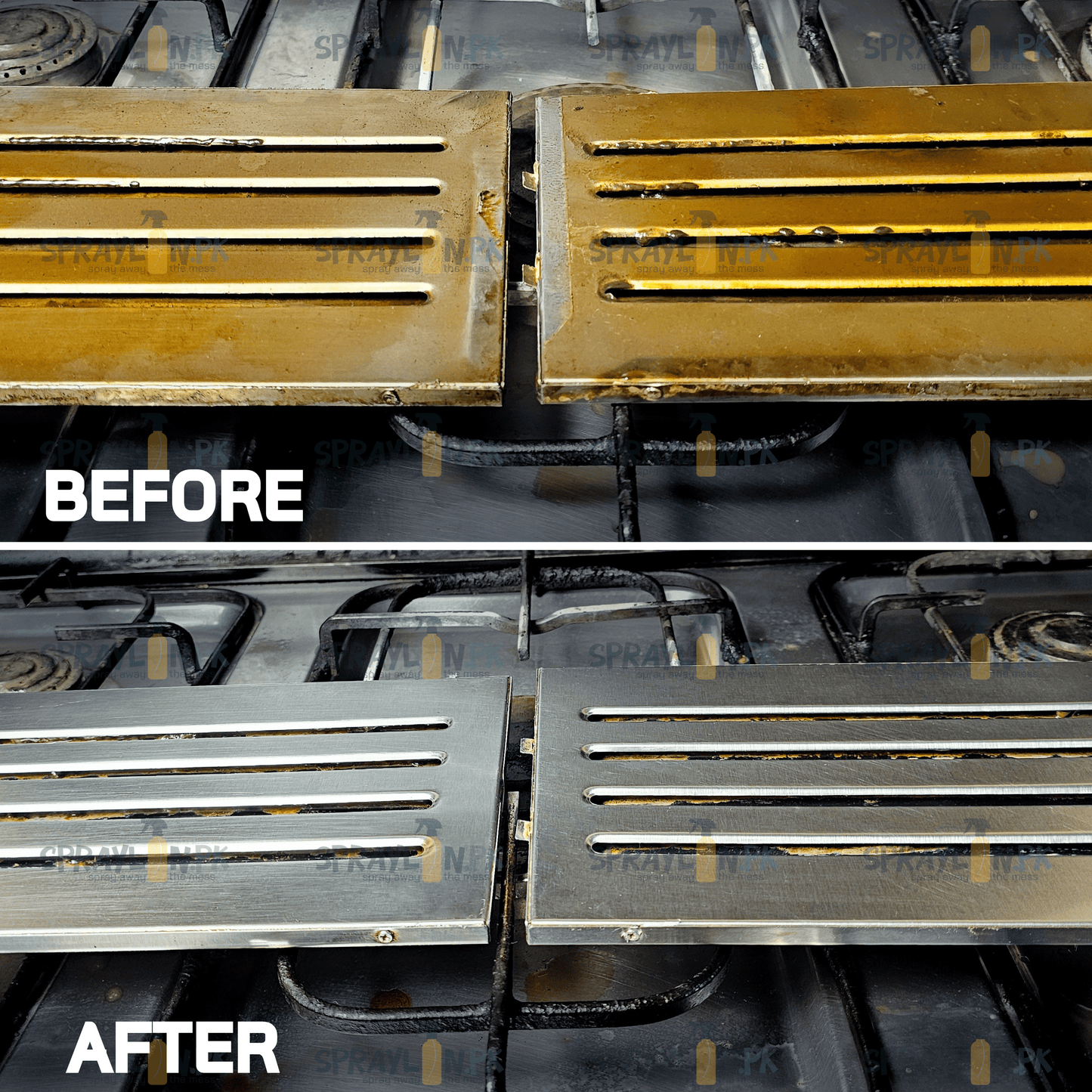 Before and after results of GreaseLift eco-friendly kitchen cleaner and grease remover. Stubborn grease and grime removed effectively.