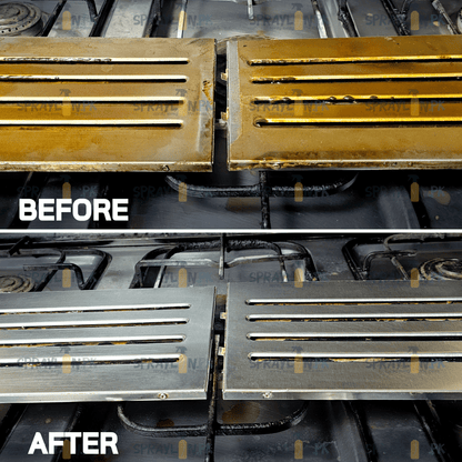 Before and after results of GreaseLift eco-friendly kitchen cleaner and grease remover. Stubborn grease and grime removed effectively.