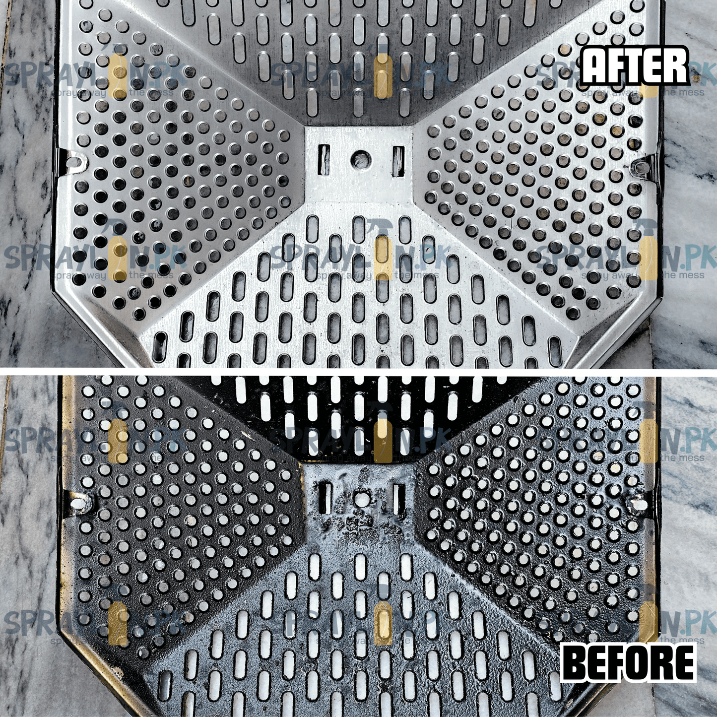 Before and after results of GreaseLift eco-friendly kitchen cleaner and grease remover. Stubborn grease and grime removed effectively.