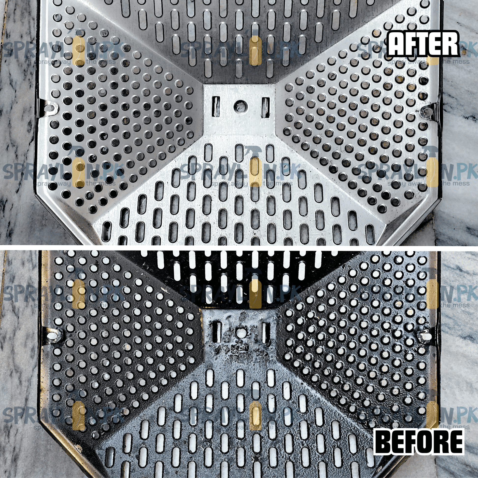 Before and after results of GreaseLift eco-friendly kitchen cleaner and grease remover. Stubborn grease and grime removed effectively.