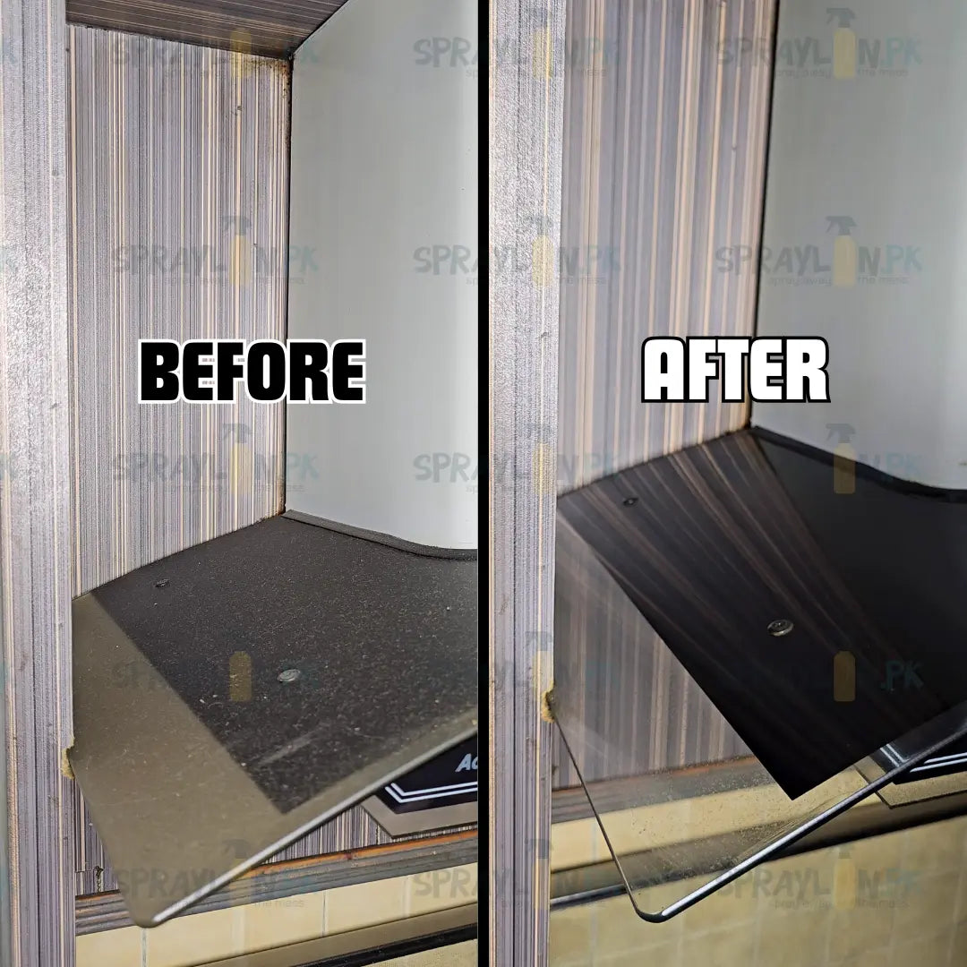 Before and after results of GreaseLift eco-friendly kitchen cleaner and grease remover. Stubborn grease, grime removed effectively from a kitchen hood top.