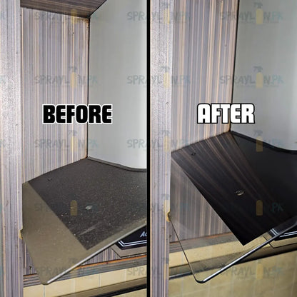 Before and after results of GreaseLift eco-friendly kitchen cleaner and grease remover. Stubborn grease, grime removed effectively from a kitchen hood top.