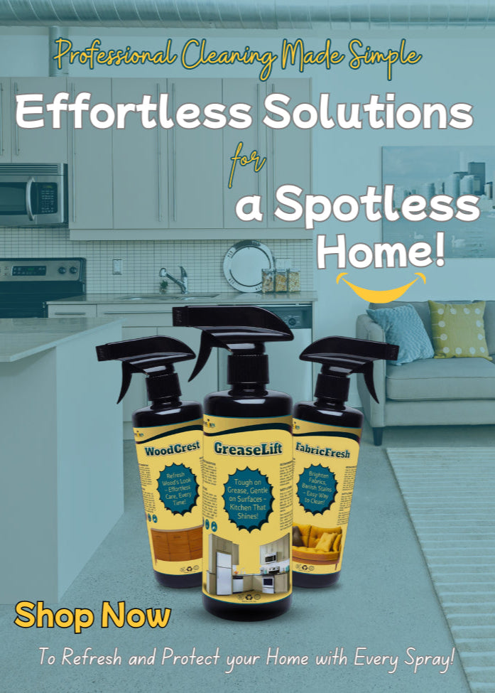 Mobile home banner showing FabricFresh, GreaseLift, and WoodCrest eco-friendly products in a kitchen and living room setting. Effective cleaning solutions for every part of your home.