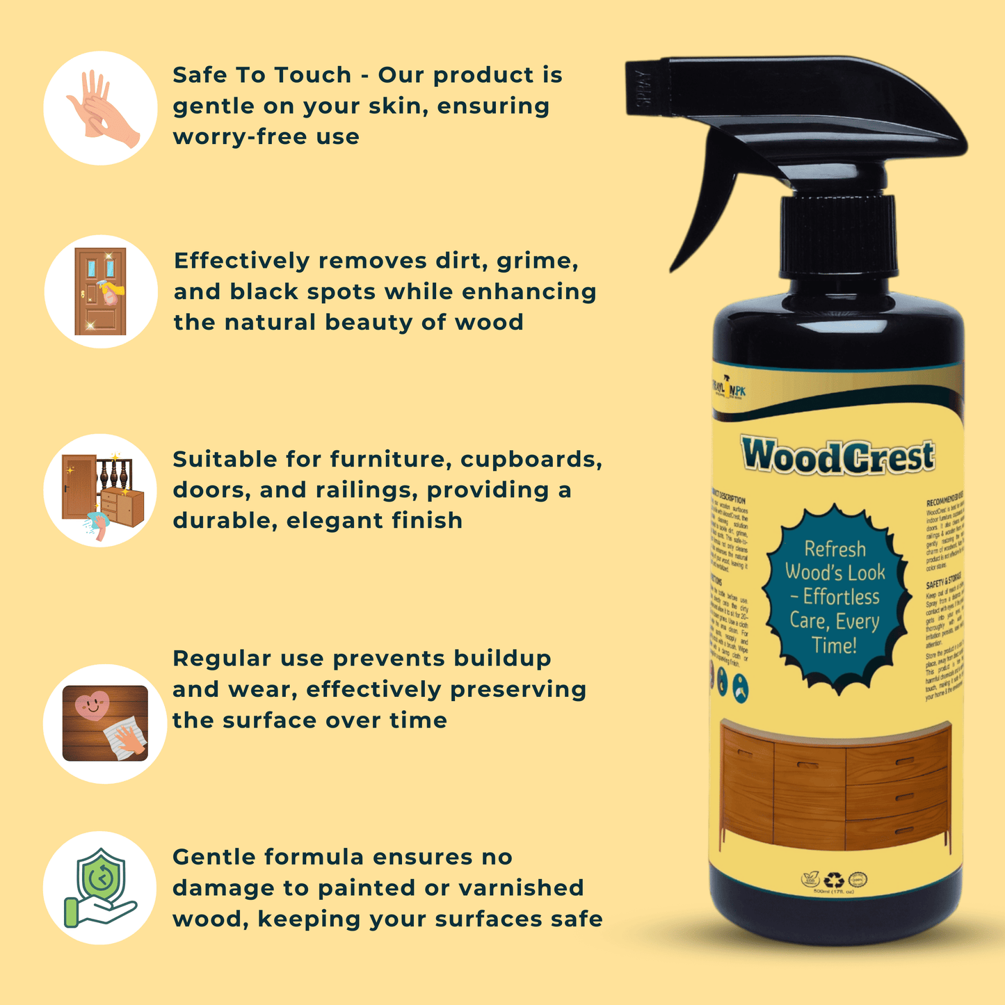 Key features of WoodCrest eco-friendly wood cleaner: enhances wood grain, restores shine, and is safe for all wooden surfaces.