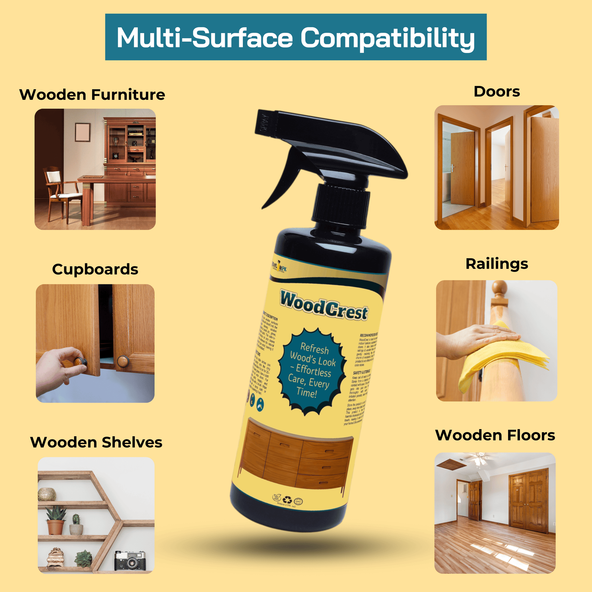 WoodCrest eco-friendly wood cleaner used on wooden furniture, doors, and railings to enhance the natural finish and protect surfaces.
