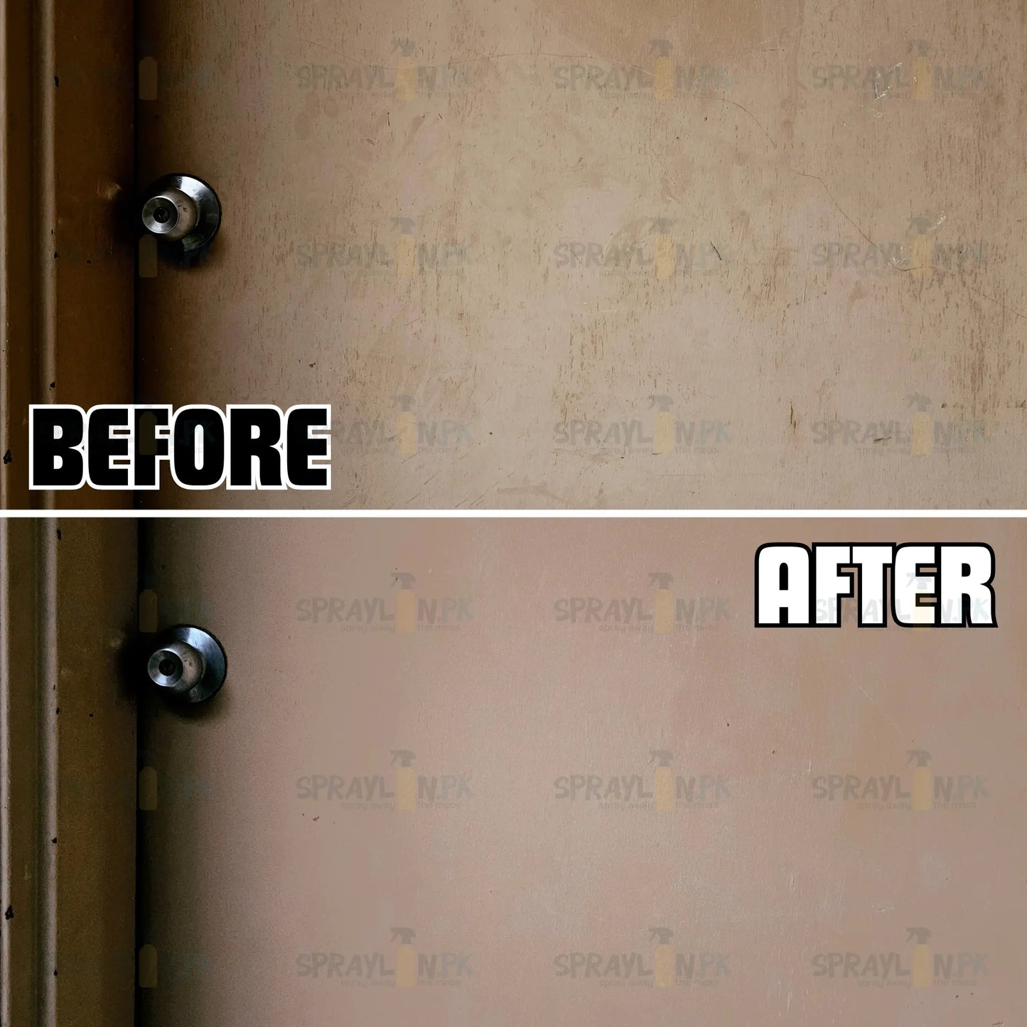 Before and After results of WoodCrest wood cleaner. Revitalized wooden door surface with enhanced natural look and stains removed effectively.