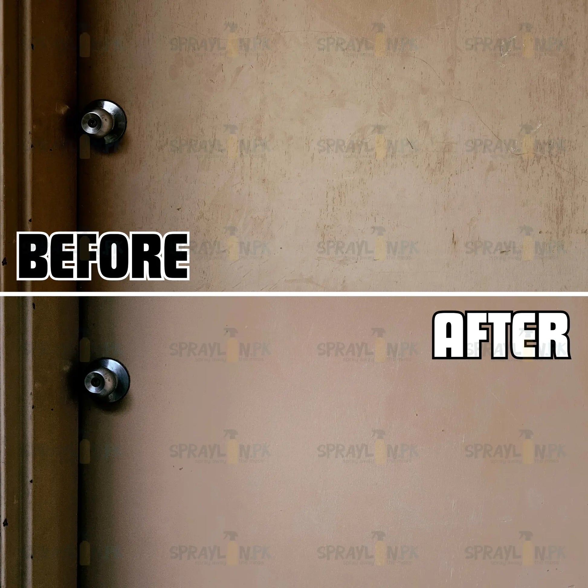 Before and After results of WoodCrest wood cleaner. Revitalized wooden door surface with enhanced natural look and stains removed effectively.