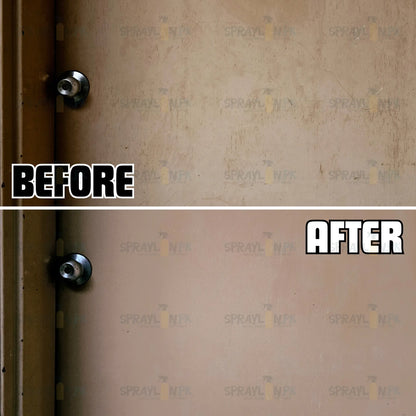 Before and After results of WoodCrest wood cleaner. Revitalized wooden door surface with enhanced natural look and stains removed effectively.