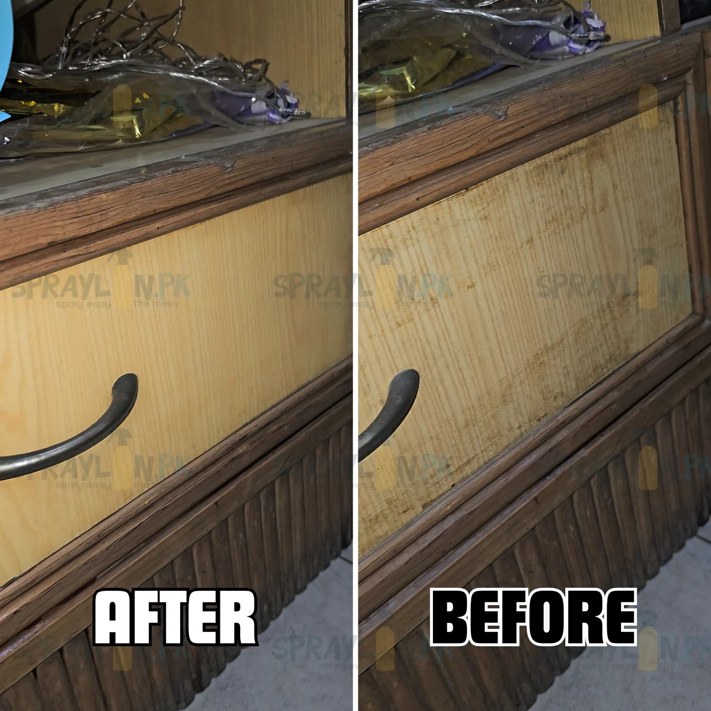 Before and After results of WoodCrest wood cleaner. Revitalized wooden drawer surface with enhanced natural shine and stains removed effectively.