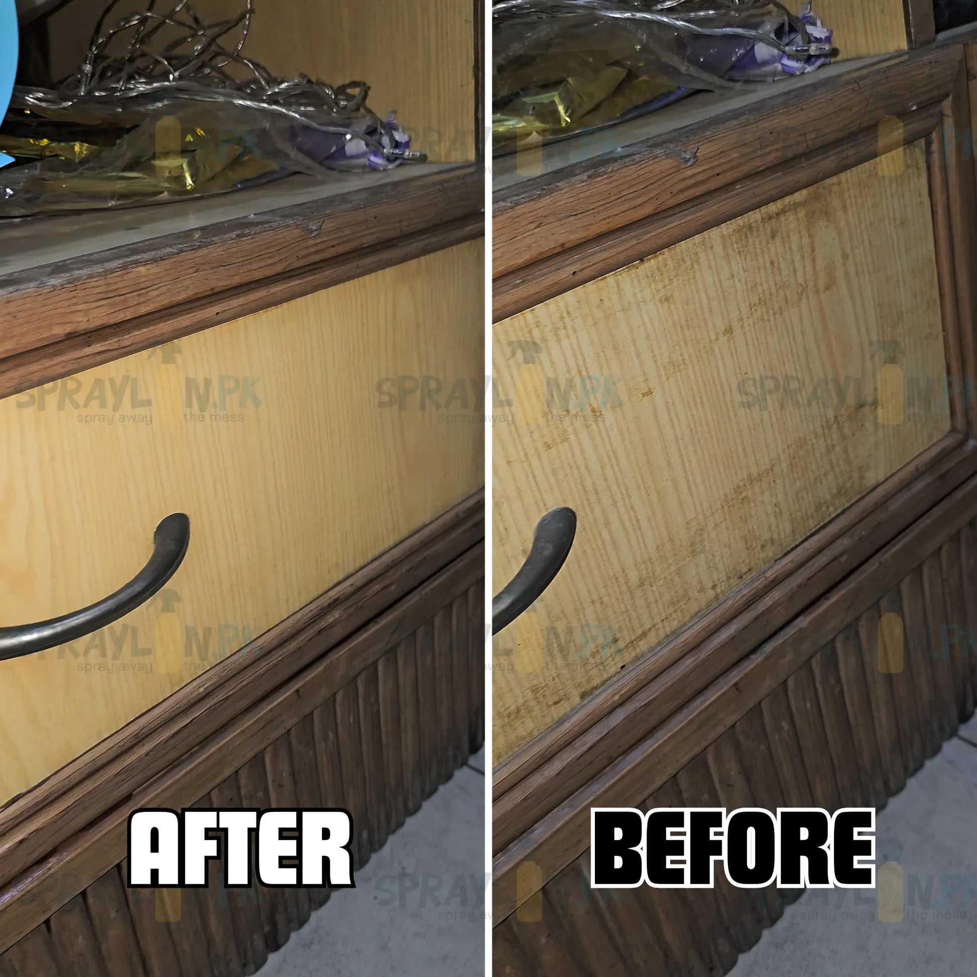 Before and After results of WoodCrest wood cleaner. Revitalized wooden drawer surface with enhanced natural shine and stains removed effectively.