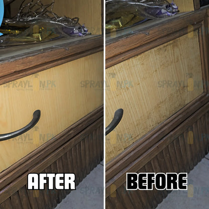 Before and After results of WoodCrest wood cleaner. Revitalized wooden drawer surface with enhanced natural shine and stains removed effectively.